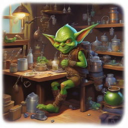 A mischievous goblin artificer busy at work in his cluttered workshop