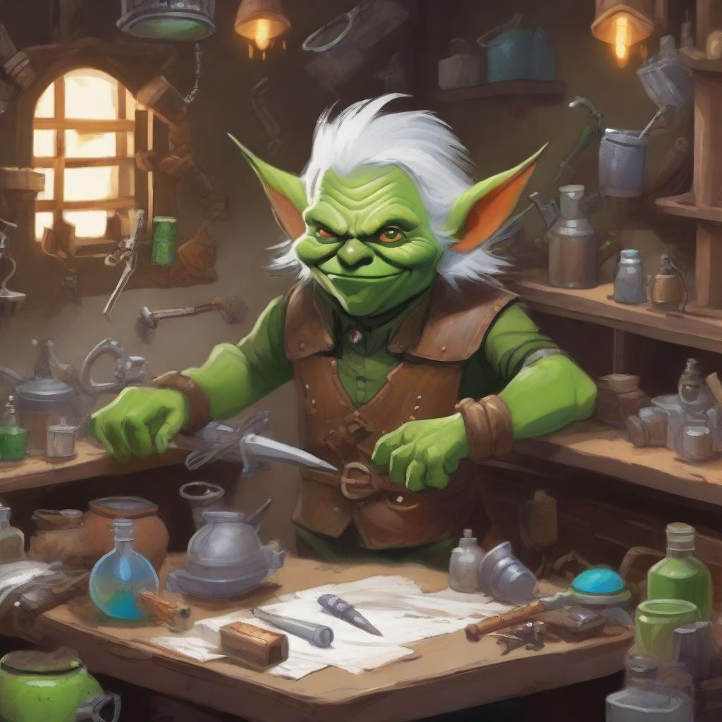 A mischievous goblin artificer with white hair busy at work in his cluttered workshop