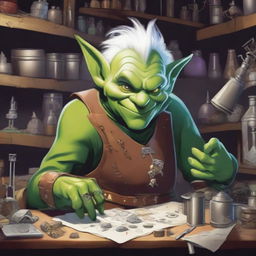 A mischievous goblin artificer with white hair busy at work in his cluttered workshop