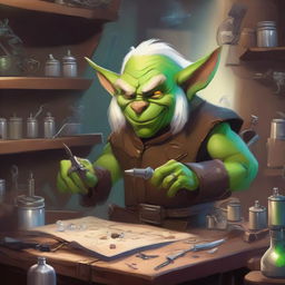 A mischievous goblin artificer with white hair busy at work in his cluttered workshop