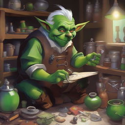 A mischievous goblin artificer with white hair busy at work in his cluttered workshop