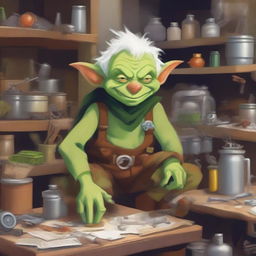 A small and mischievous goblin with green skin and white hair