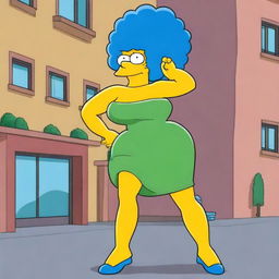 Marge Simpson with extremely muscular arms and a strong, athletic build, standing confidently in her usual green dress