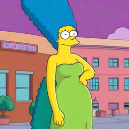 Marge Simpson with extremely muscular arms and a strong, athletic build, standing confidently in her usual green dress