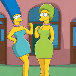 Marge Simpson with extremely muscular arms and a strong, athletic build, standing confidently in her usual green dress