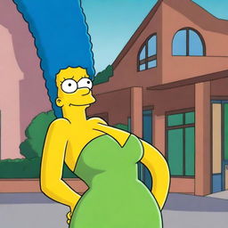Marge Simpson with extremely muscular arms and a strong, athletic build, standing confidently in her usual green dress