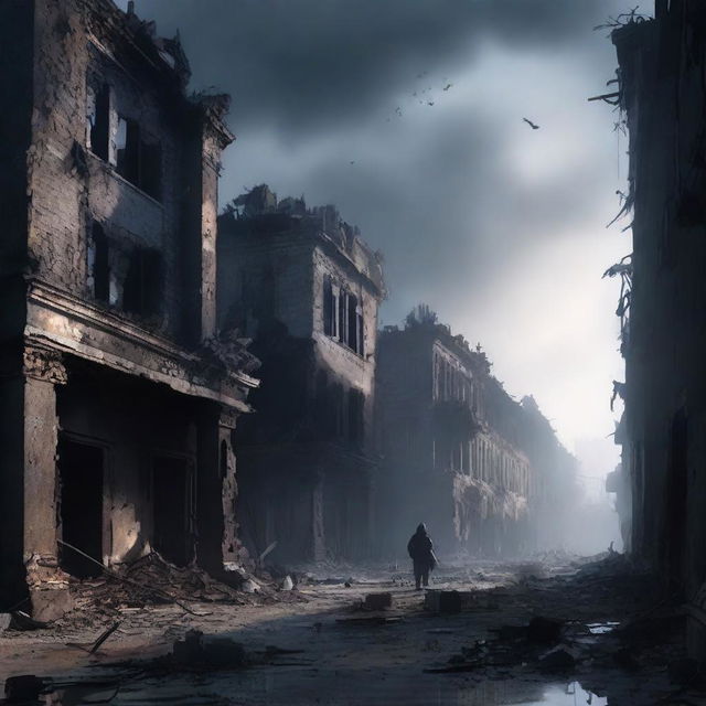 A haunting scene of shadows cast across an apocalyptic cityscape