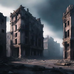 A haunting scene of shadows cast across an apocalyptic cityscape