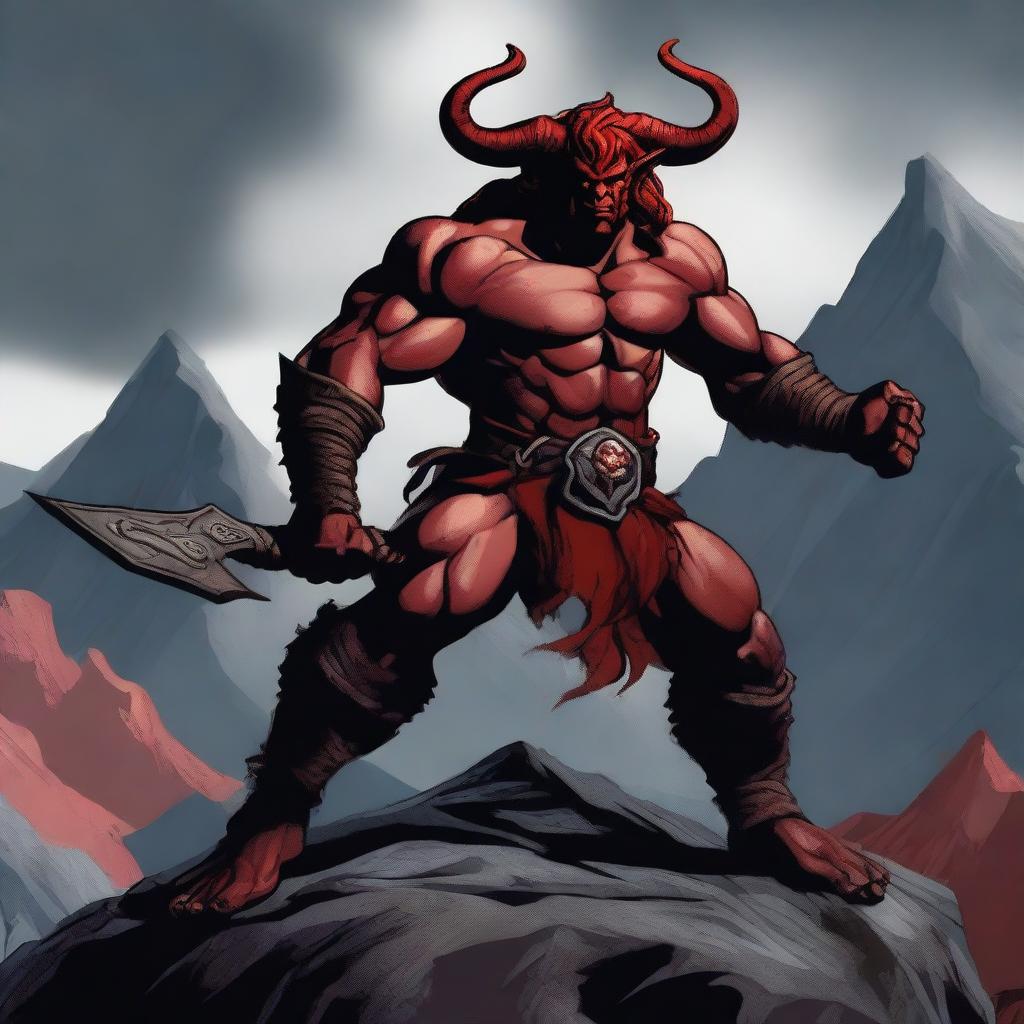 A Tiefling Barbarian with red skin and muscular build, standing in a powerful pose