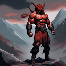 A Tiefling Barbarian with red skin and muscular build, standing in a powerful pose