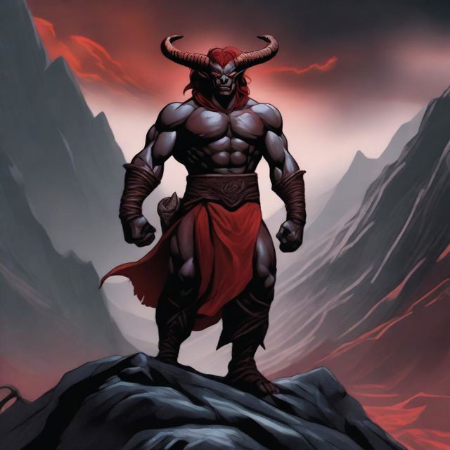 A Tiefling Barbarian with red skin and muscular build, standing in a powerful pose