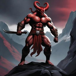 A Tiefling Barbarian with red skin and muscular build, standing in a powerful pose