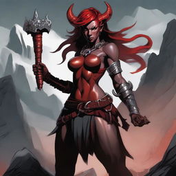 A Tiefling female Barbarian with red skin and a muscular build, standing in a powerful and imposing pose