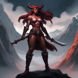 A Tiefling female Barbarian with red skin and a muscular build, standing in a powerful and imposing pose