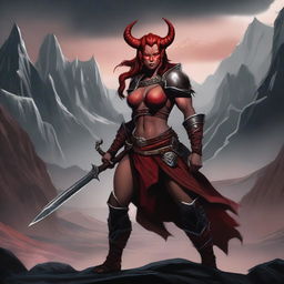 A Tiefling female Barbarian with red skin and a muscular build, standing in a powerful and imposing pose