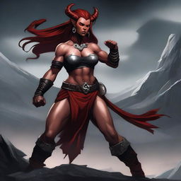 A Tiefling female Barbarian with red skin and a muscular build, standing in a powerful and imposing pose