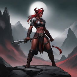 A Tiefling female Barbarian with red skin and a muscular build, standing in a powerful and imposing pose