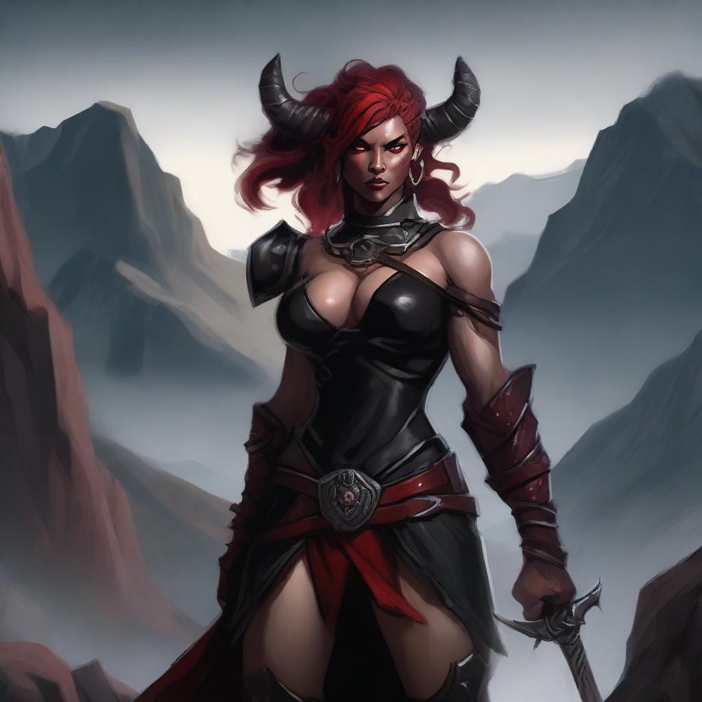 A Tiefling female Barbarian with red skin and a muscular build, standing in a powerful and imposing pose