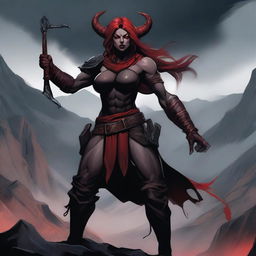 A Tiefling female Barbarian with red skin and a muscular build, standing in a powerful and imposing pose