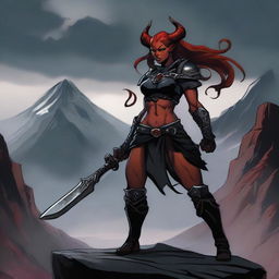 A Tiefling female Barbarian with red skin and a muscular build, standing in a powerful and imposing pose