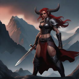 A Tiefling female Barbarian with red skin and a muscular build, standing in a powerful and imposing pose