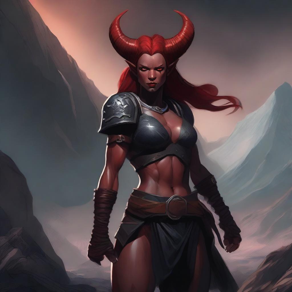 A Tiefling female Barbarian with red skin and a muscular build, standing in a powerful and imposing pose