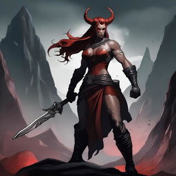 A Tiefling female Barbarian with red skin and a muscular build, standing in a powerful and imposing pose