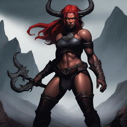 A Tiefling female Barbarian with red skin and a muscular build, standing in a powerful and imposing pose