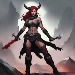 A 24-year-old Tiefling female Barbarian with red skin and a muscular build, standing in a powerful and imposing pose