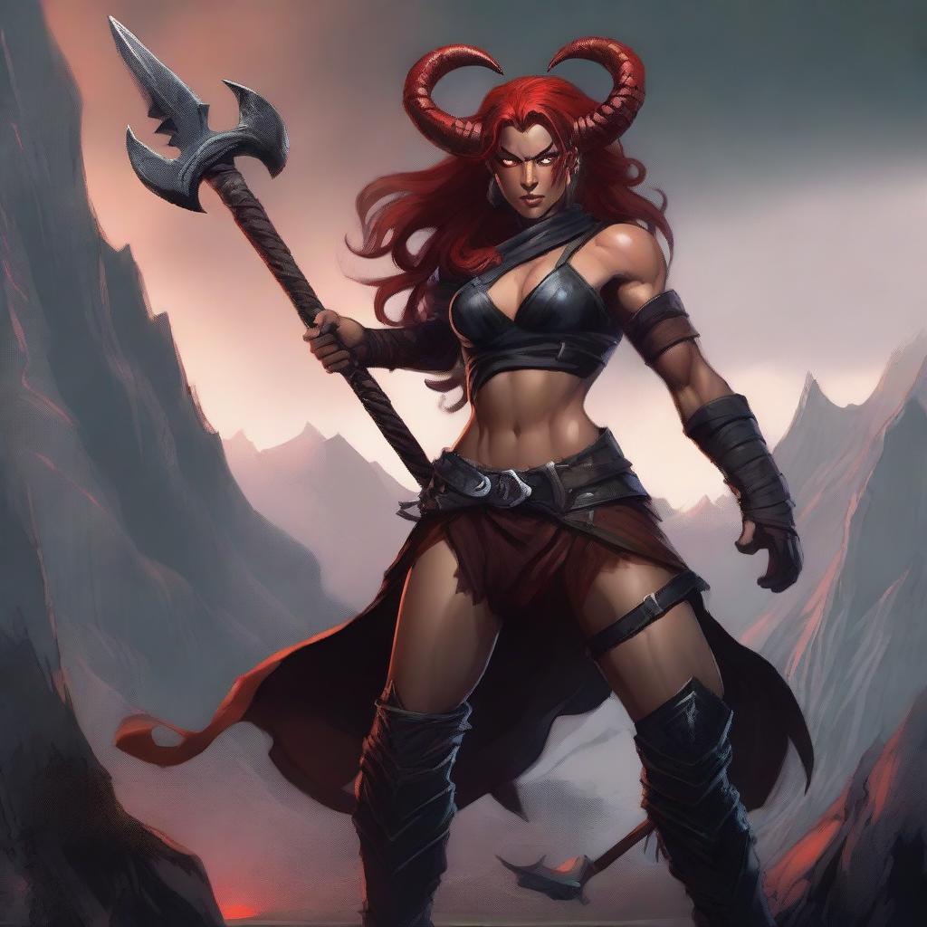 A 24-year-old Tiefling female Barbarian with red skin and a muscular build, standing in a powerful and imposing pose