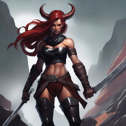 A 24-year-old Tiefling female Barbarian with red skin and a muscular build, standing in a powerful and imposing pose