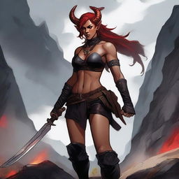 A 24-year-old Tiefling female Barbarian with red skin and a muscular build, standing in a powerful and imposing pose