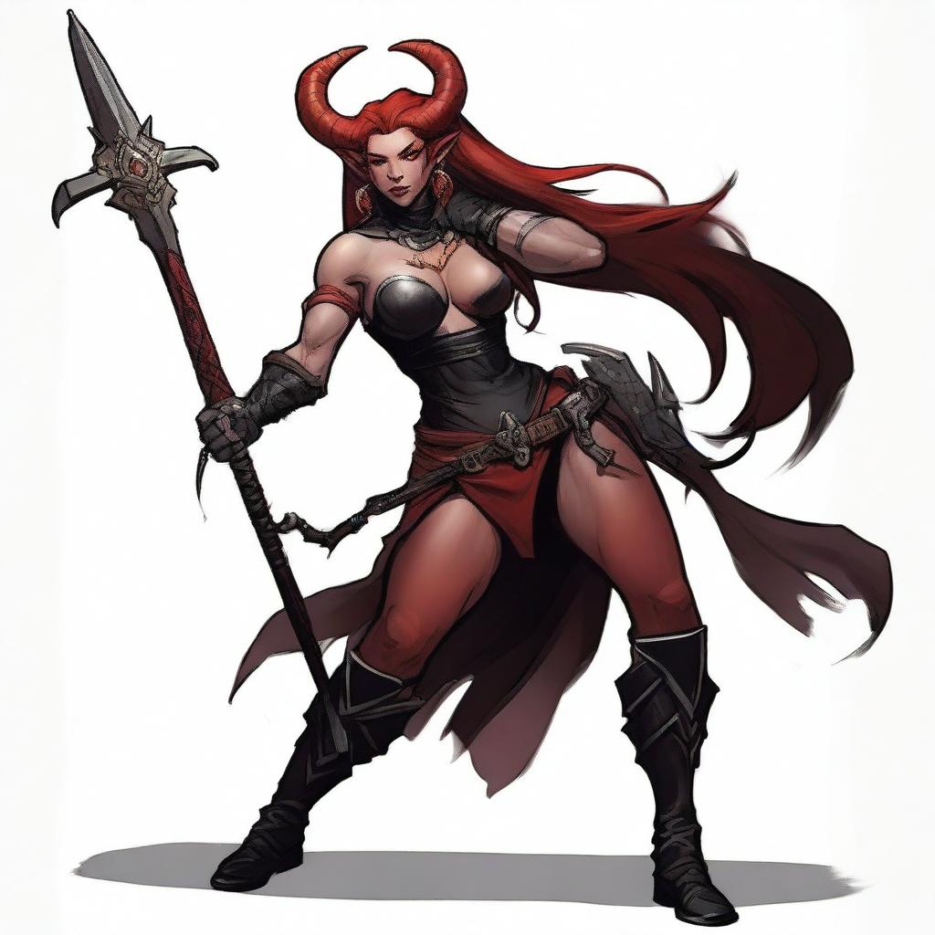 A 24-year-old Tiefling female Barbarian with red skin and a muscular build, standing in a powerful and imposing pose