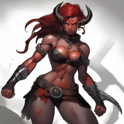 A 24-year-old Tiefling female Barbarian with red skin and a muscular build, standing in a powerful and imposing pose