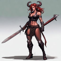 A 24-year-old Tiefling female Barbarian with red skin and a muscular build, standing in a powerful and imposing pose