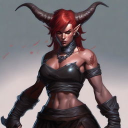 A 24-year-old Tiefling female Barbarian with red skin and a muscular build, standing in a powerful and imposing pose