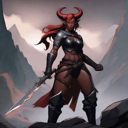 A Tiefling female Barbarian with red skin and a muscular build, standing in a powerful and imposing pose