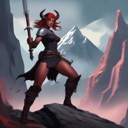 A Tiefling female Barbarian with red skin and a muscular build, standing in a powerful and imposing pose