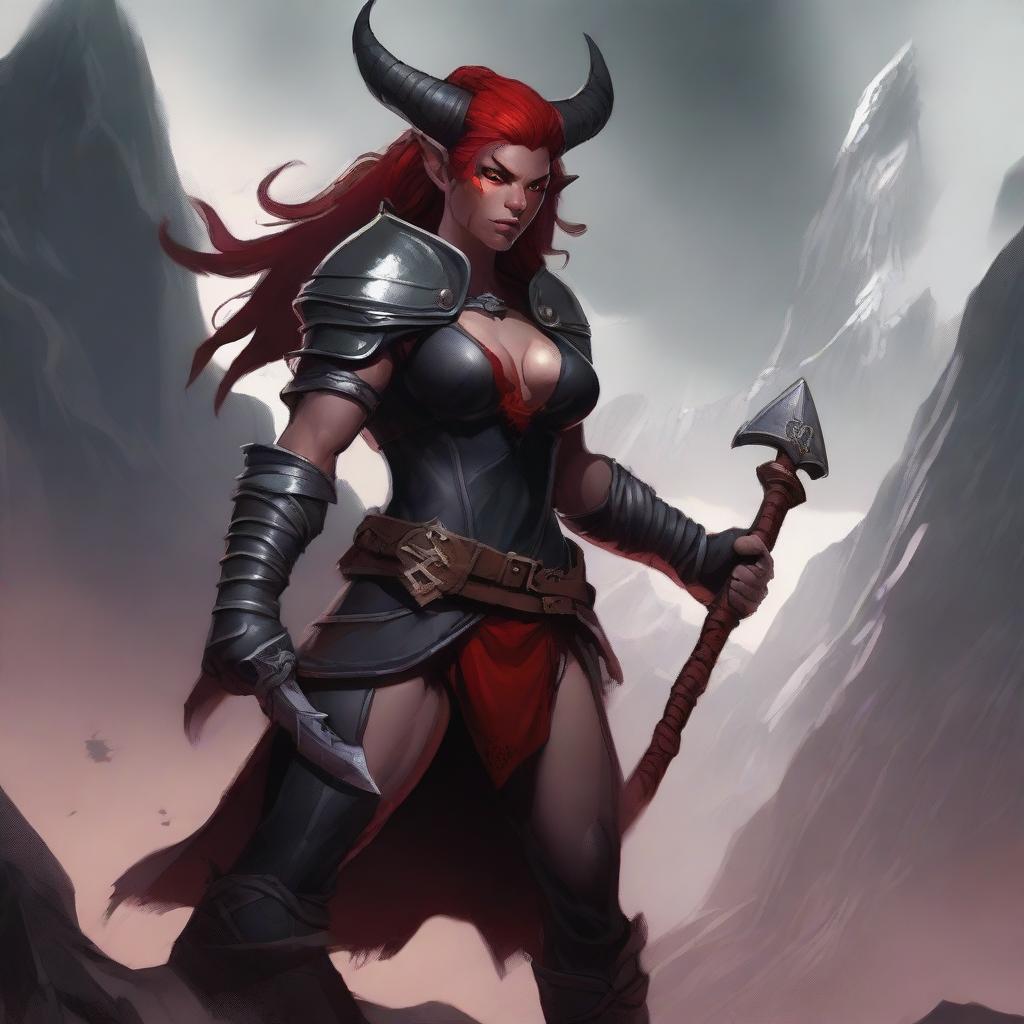 A Tiefling female Barbarian with red skin and a muscular build, standing in a powerful and imposing pose