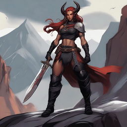 A Tiefling female Barbarian with red skin and a muscular build, standing in a powerful and imposing pose