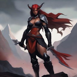 A Tiefling female Barbarian with red skin and a muscular build, standing in a powerful and imposing pose