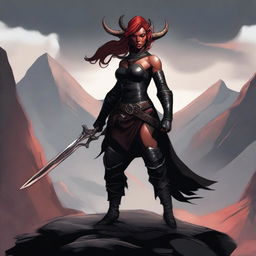 A Tiefling female Barbarian with red skin and a muscular build, standing in a powerful and imposing pose