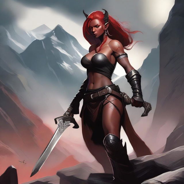 A Tiefling female Barbarian with red skin and a muscular build, standing in a powerful and imposing pose