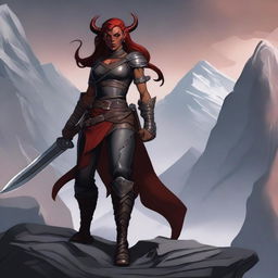 A Tiefling female Barbarian with red skin and a muscular build, standing in a powerful and imposing pose