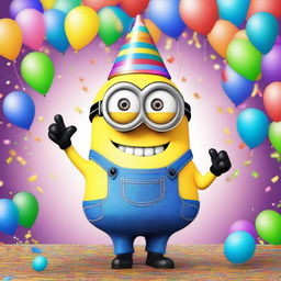 Create an image of a Minion named Stuart, dressed in a party outfit