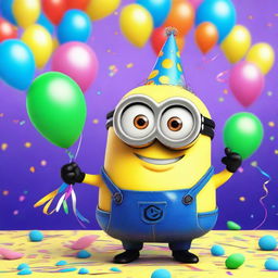 Create an image of a Minion named Stuart, dressed in a party outfit