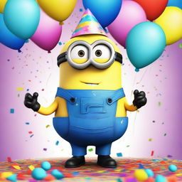 Create an image of a Minion named Stuart, dressed in a party outfit