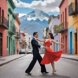 Generate a traditional Argentine scenery with the iconic landmarks, including tango dancers in a vibrant street of Buenos Aires, with colorful buildings and a backdrop showcasing the stunning Andes mountains.