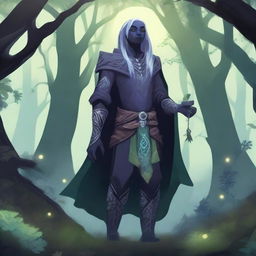 A detailed illustration of a Drow druid, a dark elf character, standing in a mystical forest