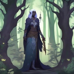 A detailed illustration of a Drow druid, a dark elf character, standing in a mystical forest